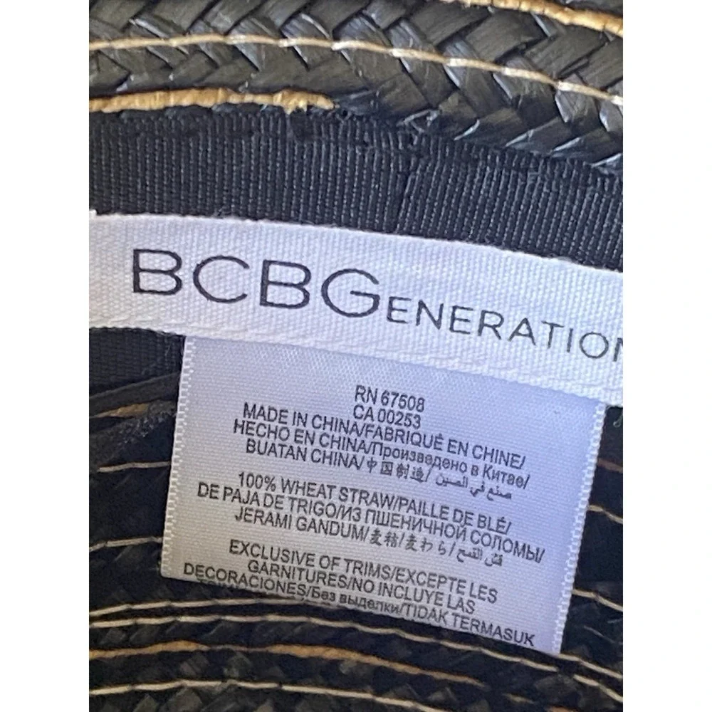 BCBGeneration Straw Boater Hat Black & Natural Striped Flat Top Sun Hat NWT